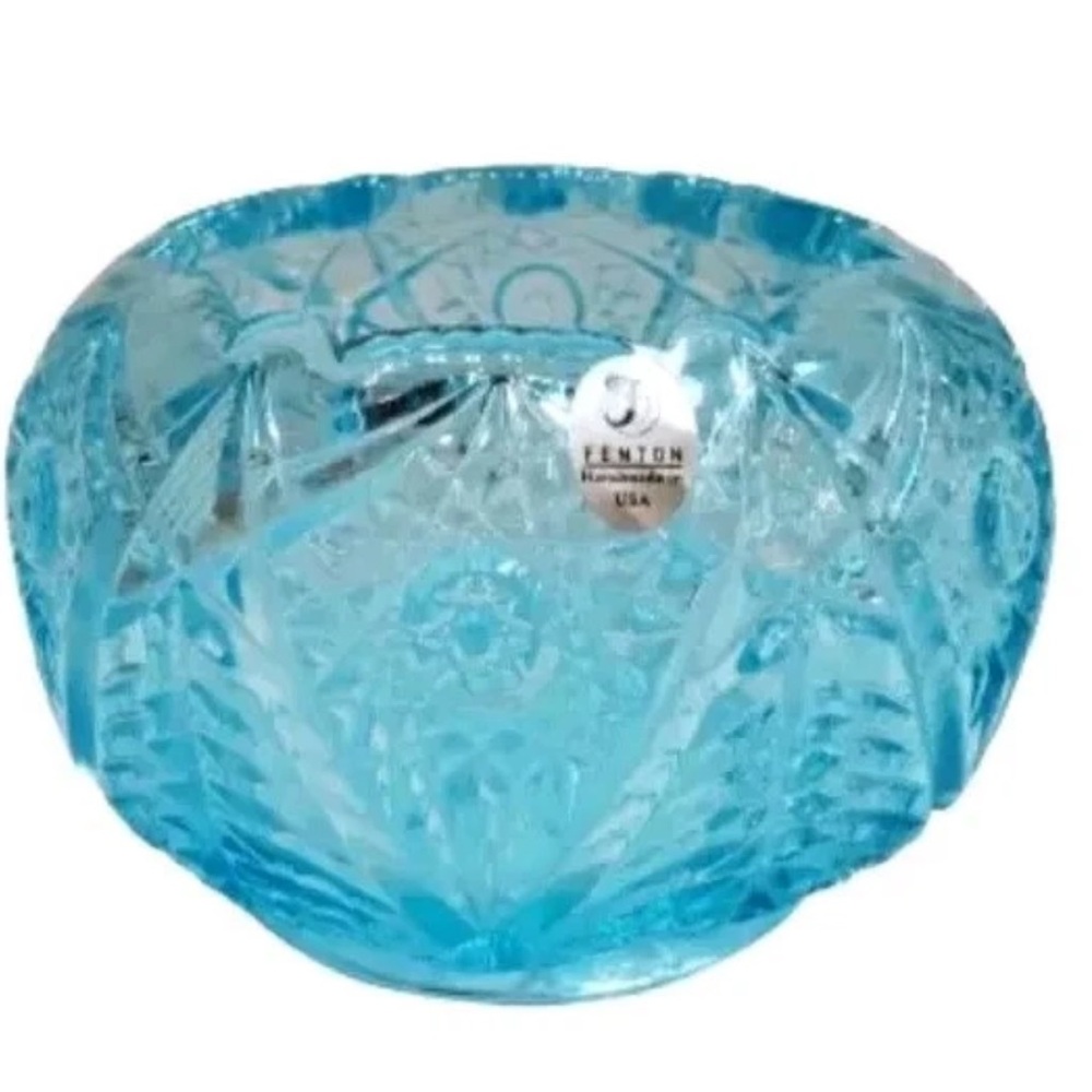 Fenton Turquoise Blue Rose Bowl Starburst And Tree Vase UV Reactive